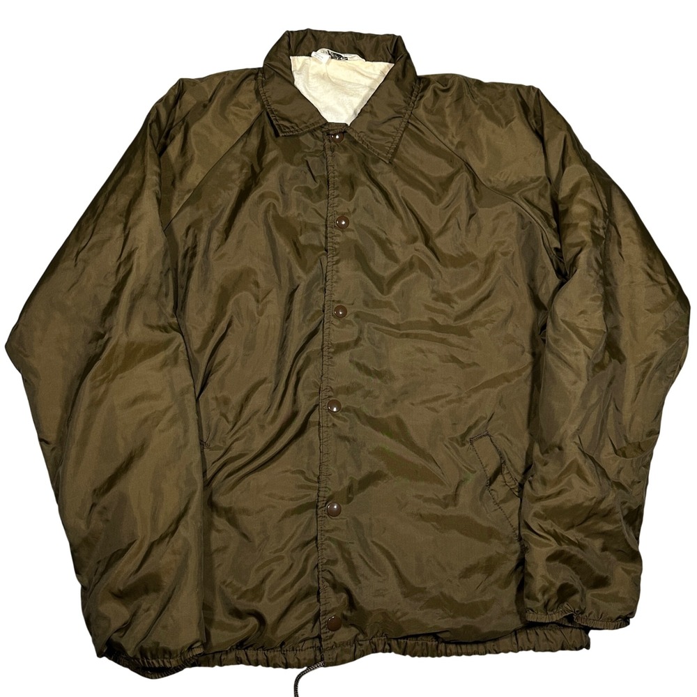 Vintage Nylon Windbreaker Jacket Olive Brown Earth Tone Snap Front Flannel Lined